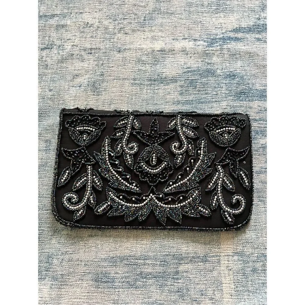 Black Silver Iridescent Floral Beaded Fold Over Magnetic Closure Clutch Bag